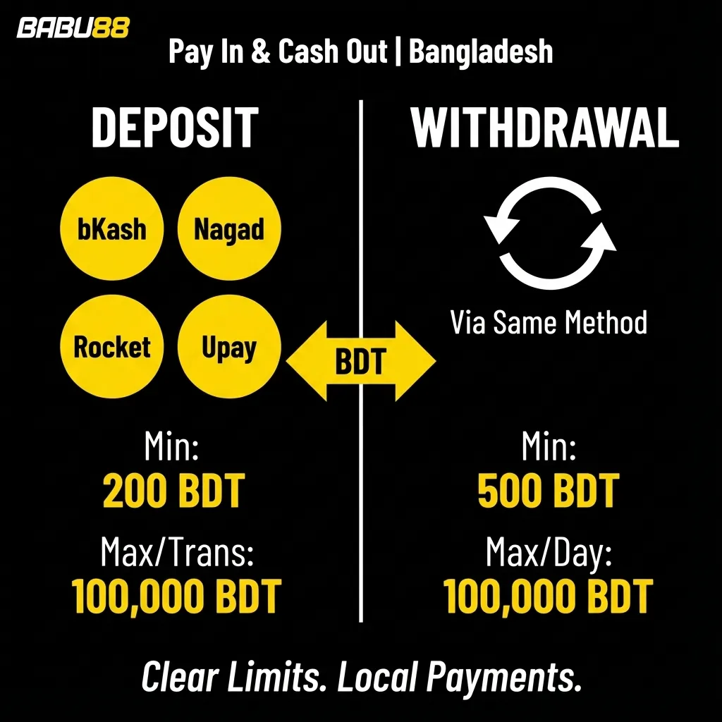 Babu88 payment limits - minimum deposit 200 BDT, maximum withdrawal 100,000 BDT