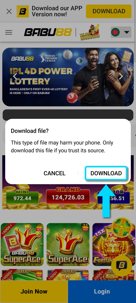 Confirm the Android download in the pop-up to proceed with Babu88.