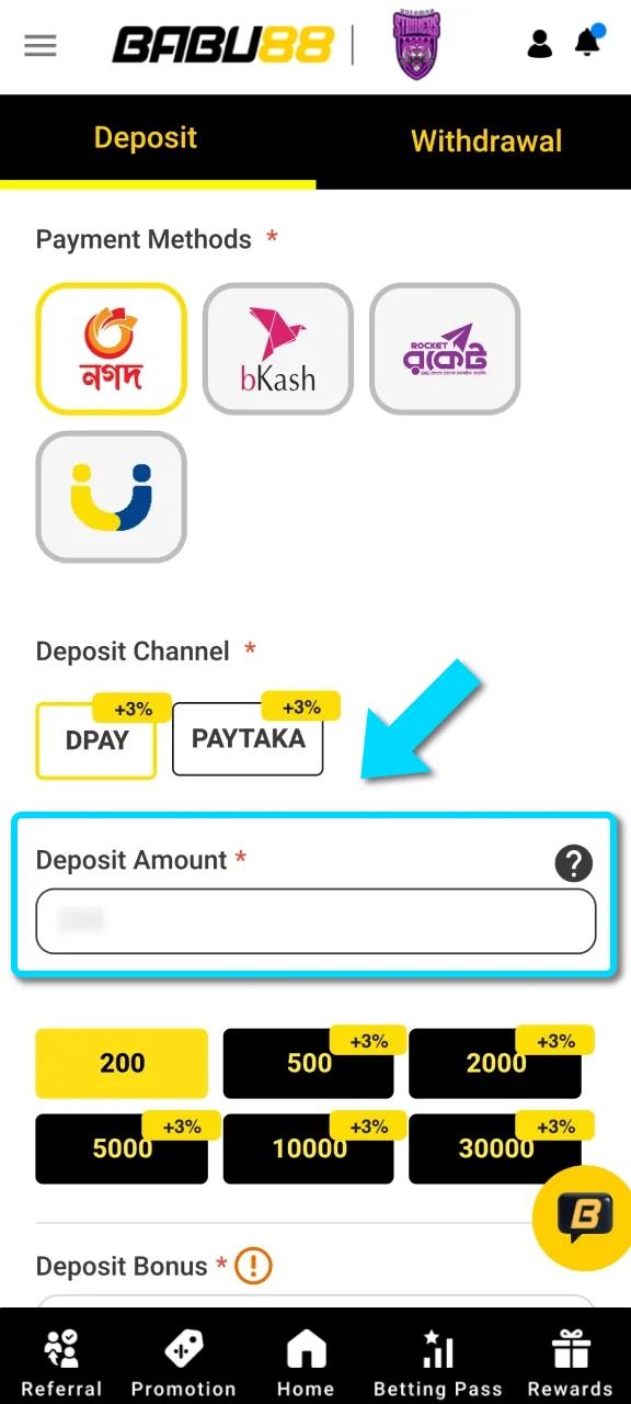 Enter the required deposit amount and payment details in the Babu88 App.