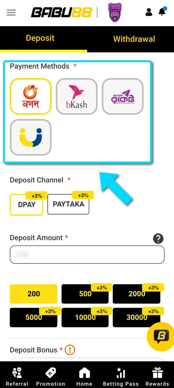 Select your preferred payment method within the Babu88 App for a secure deposit.