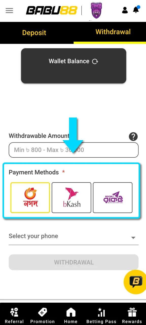Choose a convenient payment method for your phone withdrawal in the Babu88 App.