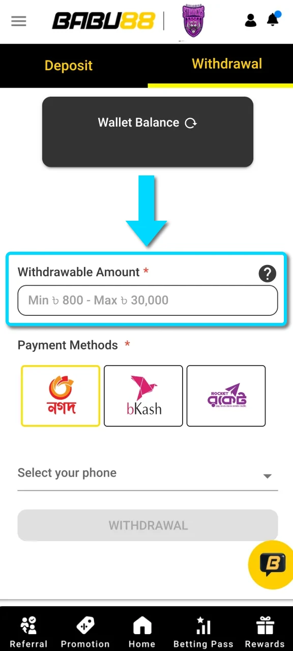 Enter the withdrawal amount and required details in the Babu88 App.