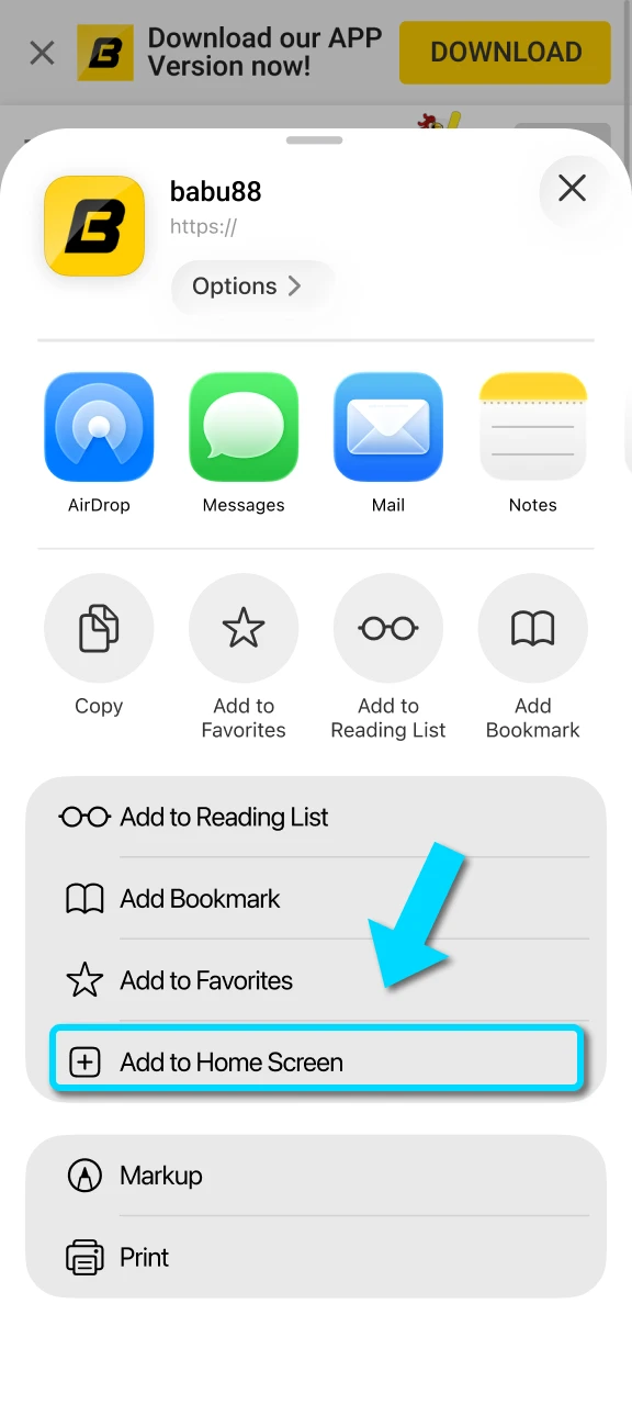Select the Add to Home Screen option and confirm to access Babu88 iOS for Aviator.