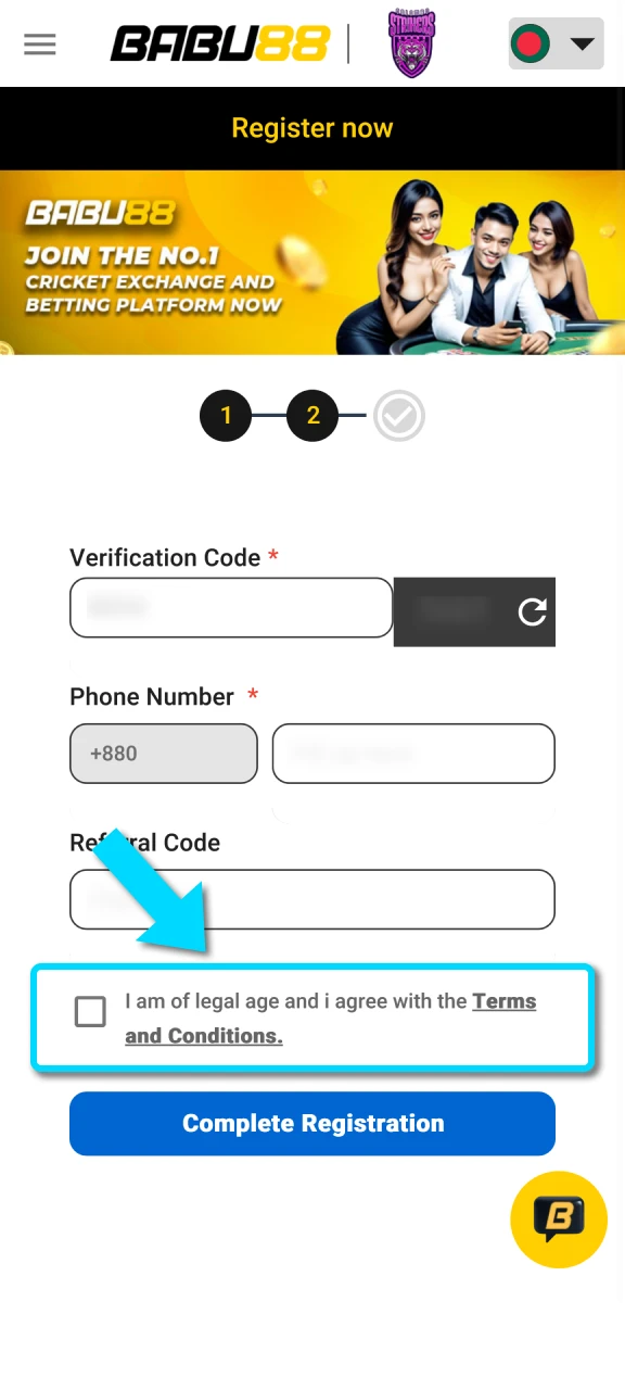 Choose your registration currency and accept the age requirements at Babu88.