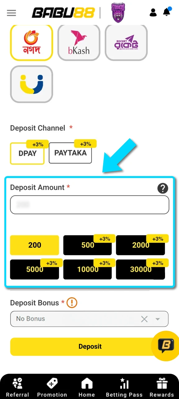 Choose amount and pay in the Babu88 App to finalize your bonus activation.