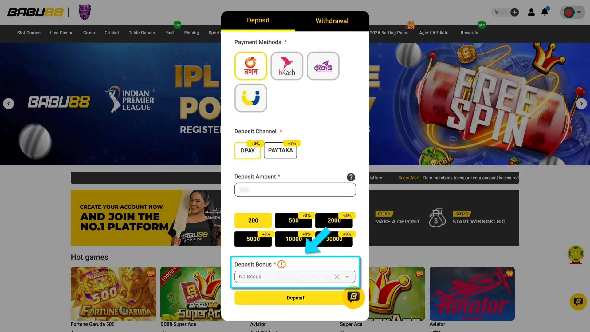 Enter the bonus code in the dedicated Babu88 bonus section.