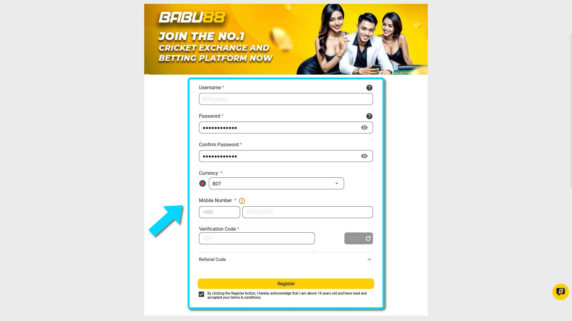 Register on the platform to start using your Babu88 bonus.