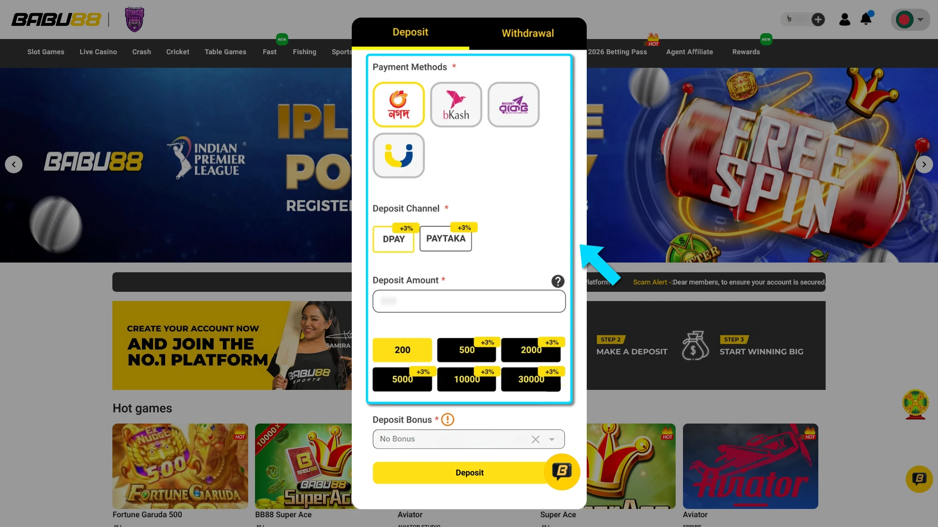 Specify transfer and payment details to receive your Babu88 bonus.