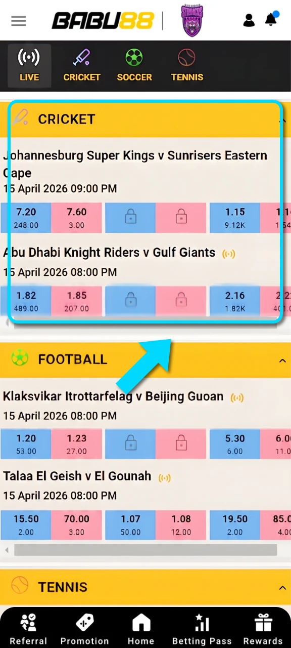Choose a preferred league and match to place Cricket Betting stakes on Babu88.