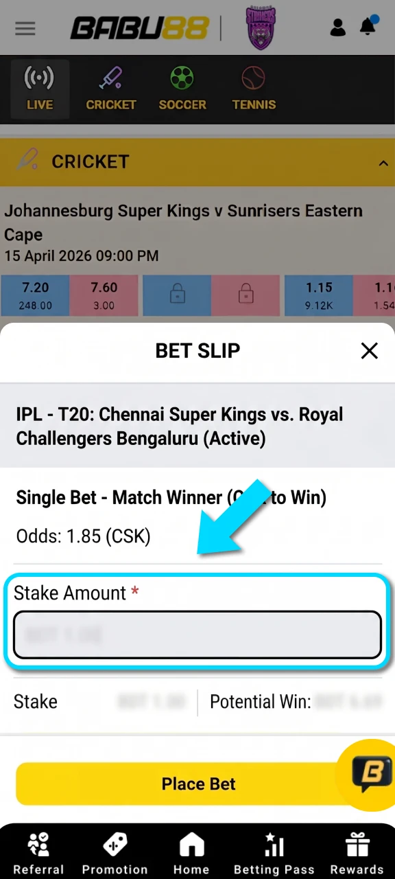Enter the stake amount to prepare your bet on Babu88.