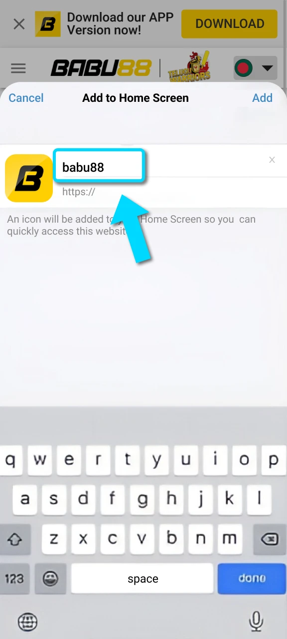 Name the iOS shortcut Babu88 to identify the betting platform easily.