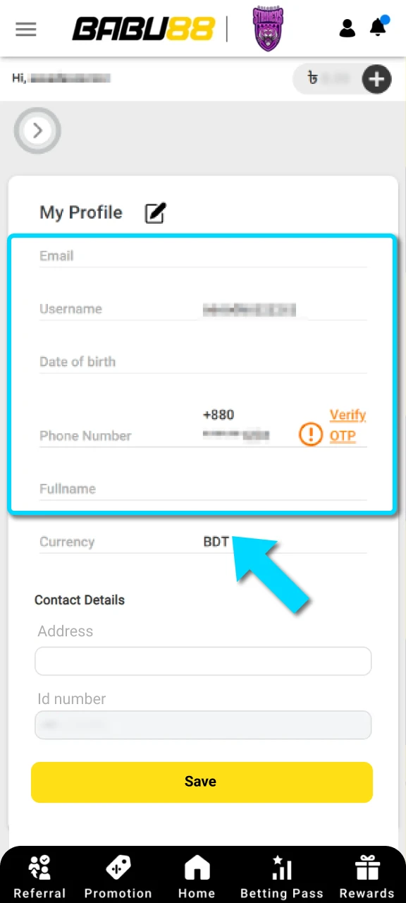 Fill in your profile info to complete the Babu88 verification step.