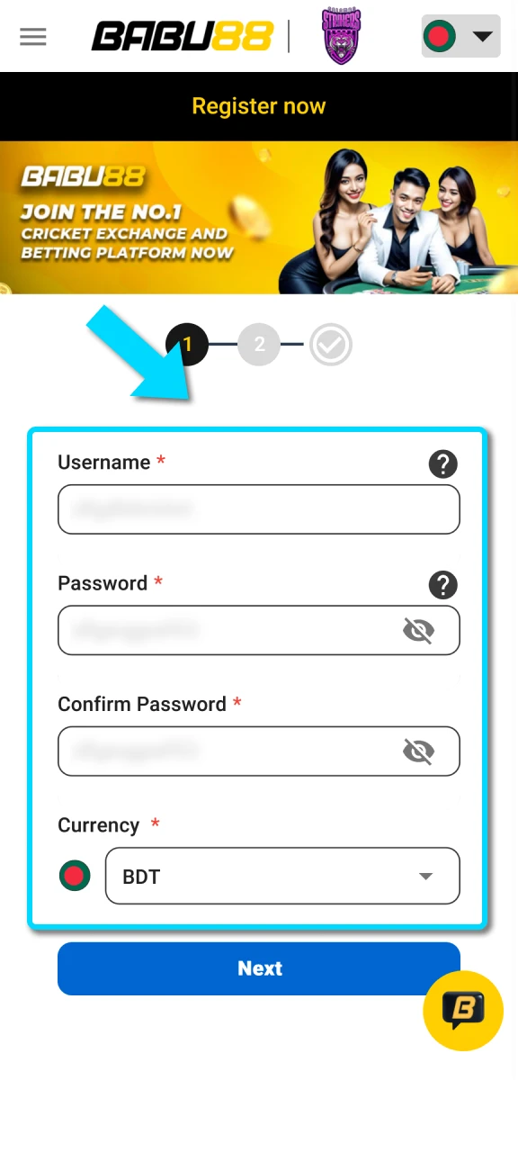 Fill in all required registration fields on the Babu88 mobile app.