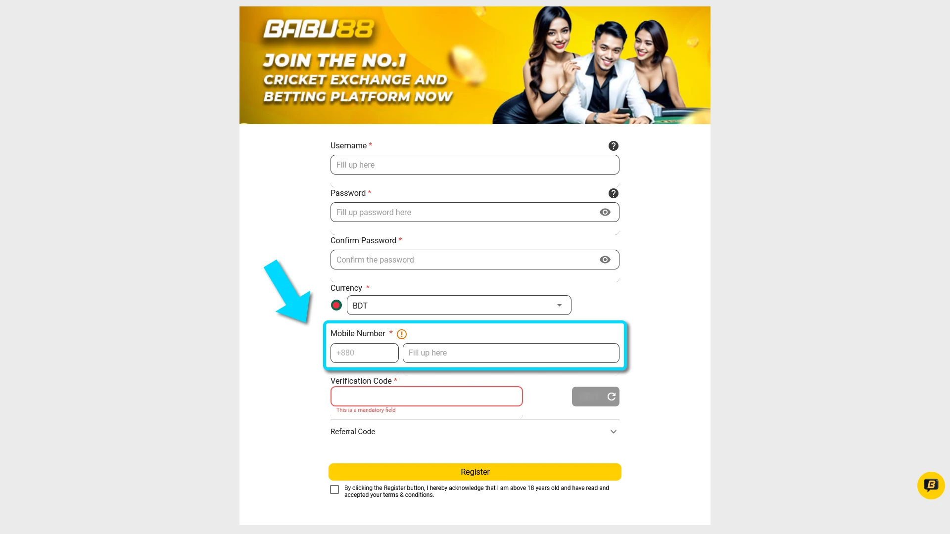 Choose your preferred sign up method to create a Babu88 account.