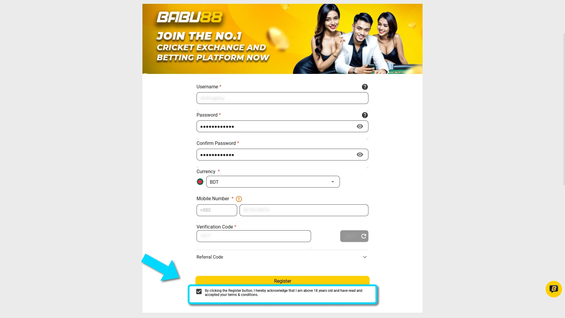 Confirm that you are over 18 years old during Babu88 registration.
