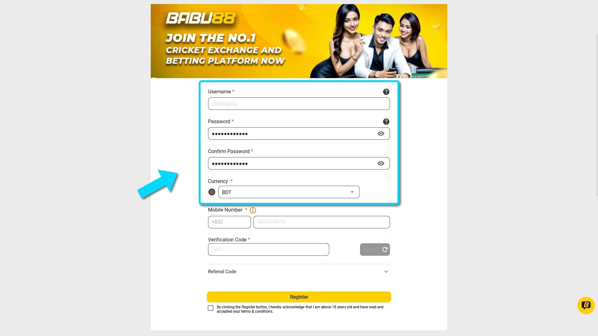 Enter your personal details in the Babu88 sign up form.