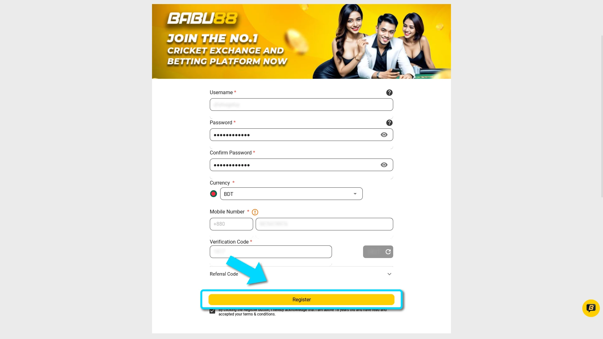 Submit the completed sign up form to finish your Babu88 registration.