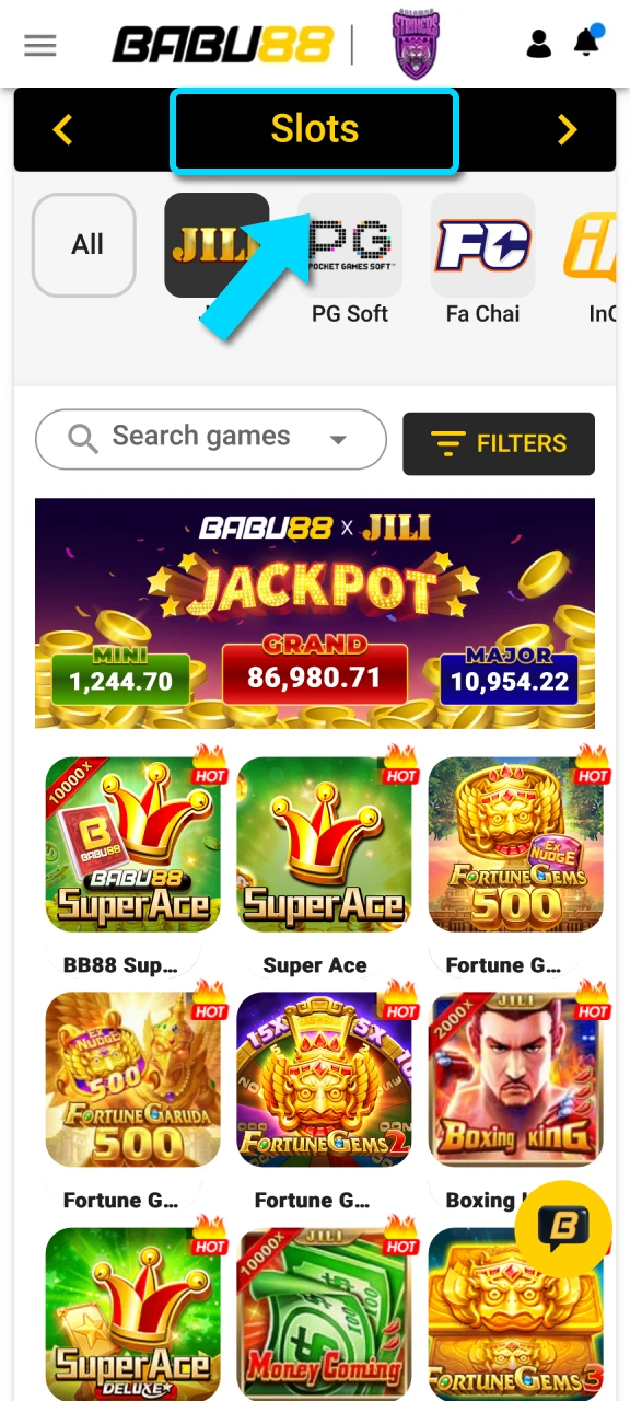 Enter the slots lobby at Babu88 and choose your favorite game.